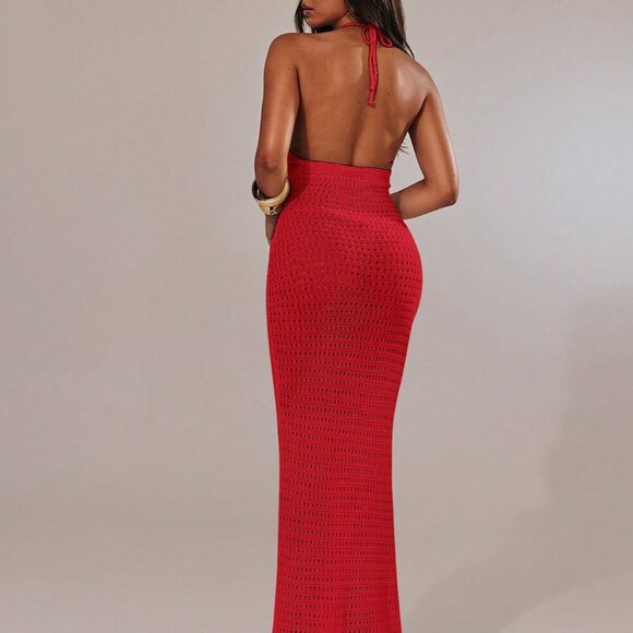 Red Sexy Women's Backless Halter Neck Maxi Knit Dress - Picture 2 of 8